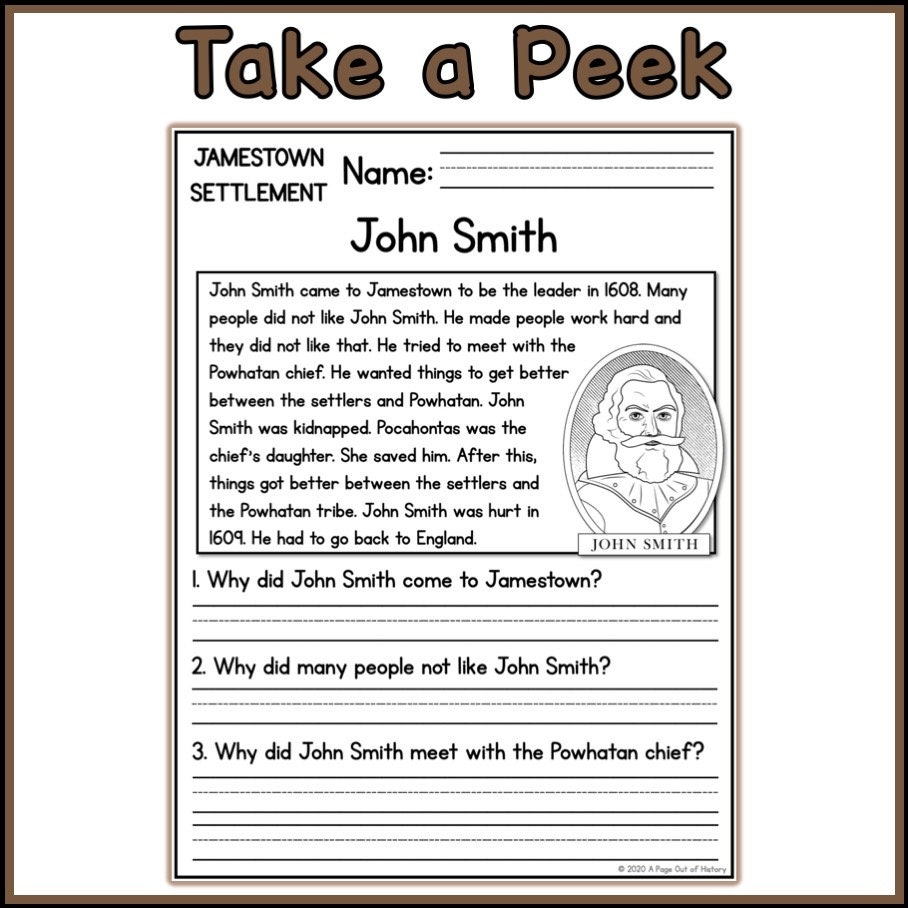 1st 2nd Grade Reading Comprehension Jamestown Settlement Passages Questions Classroom Homeschool No Prep Printable US History Etsy Canada