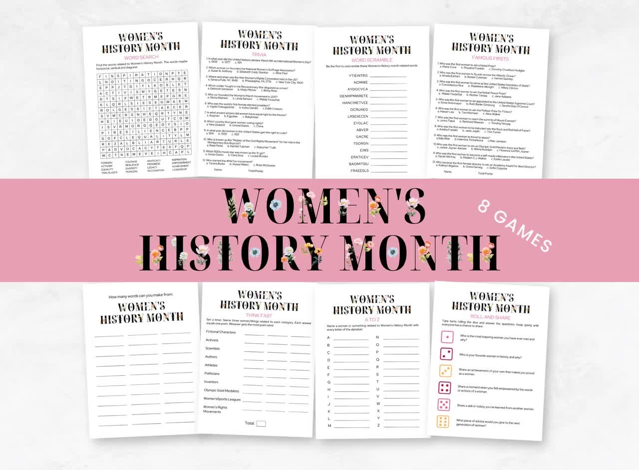 8 Printable Women s History Month Games International Women s Day Games Fun Women s Day Activities Educational Games Digital Download Etsy