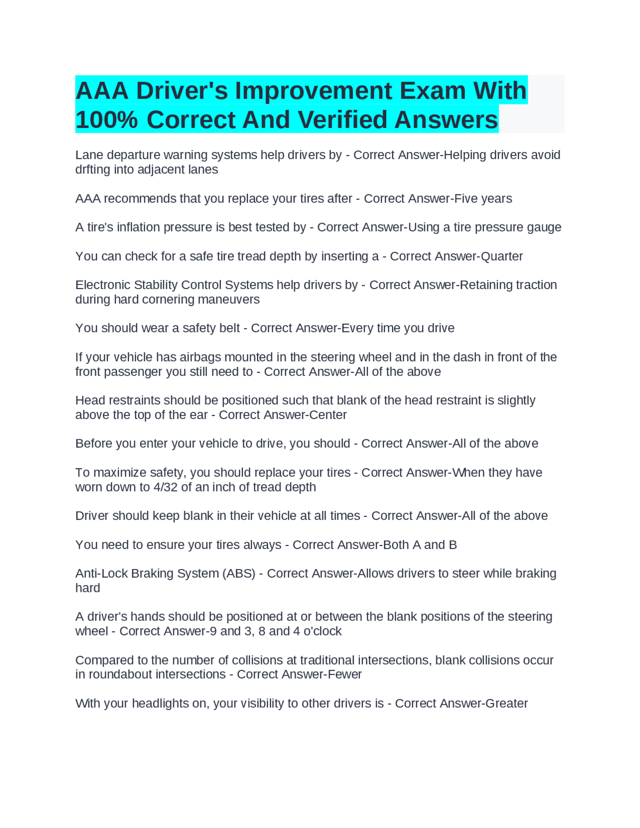 AAA Driver s Improvement Exam With 100 Correct And Verified Answers Exams Advanced Education Docsity