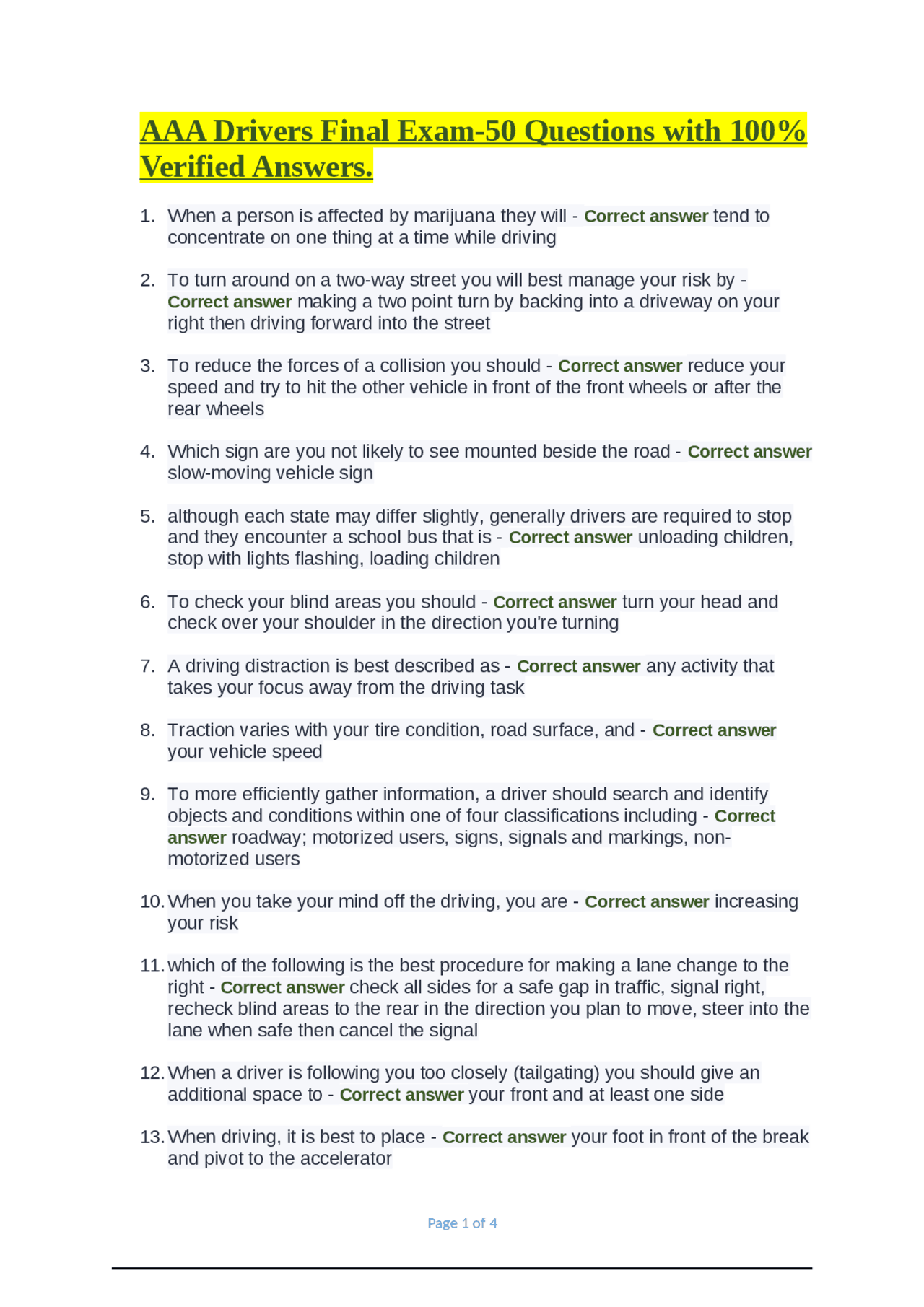 AAA Drivers Exam 50 Questions With Answers For Safe Driving Exams Psychomotor Education Docsity