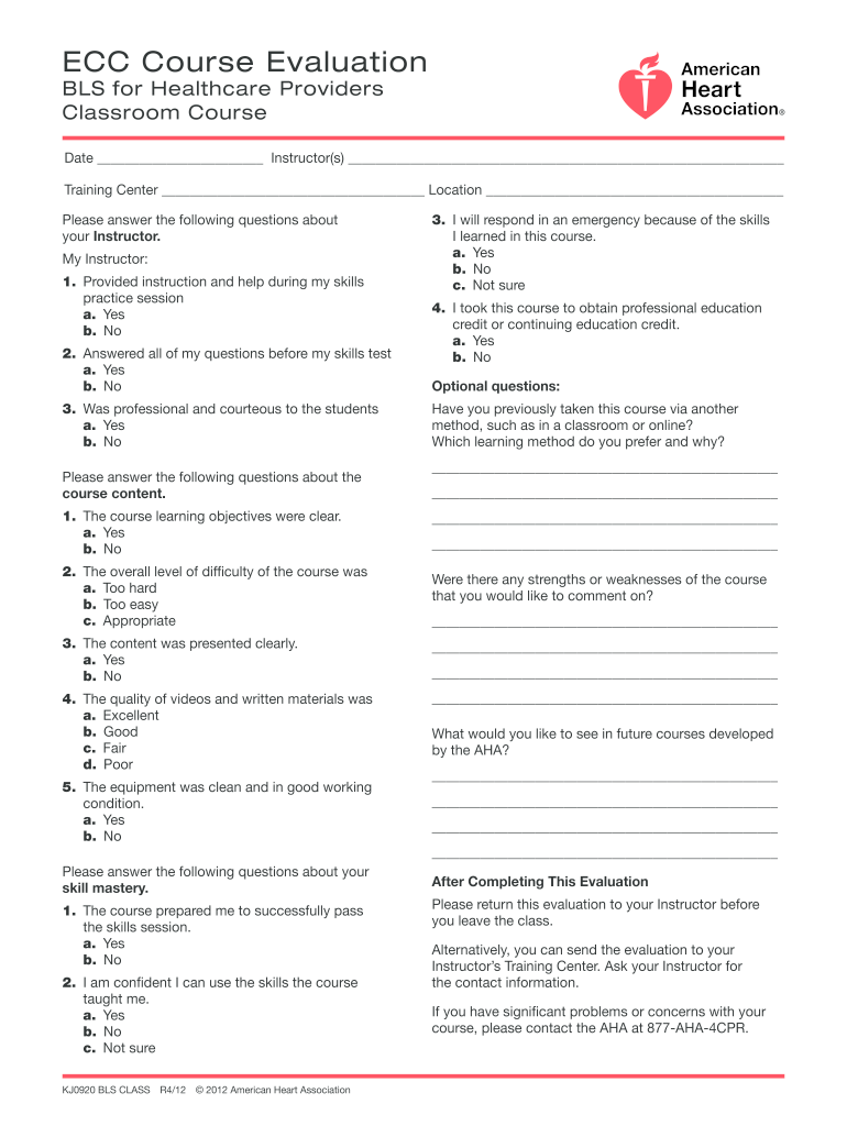 Aha Heartsaver Course Evaluation Form Fill Online Printable Fillable Blank PdfFiller