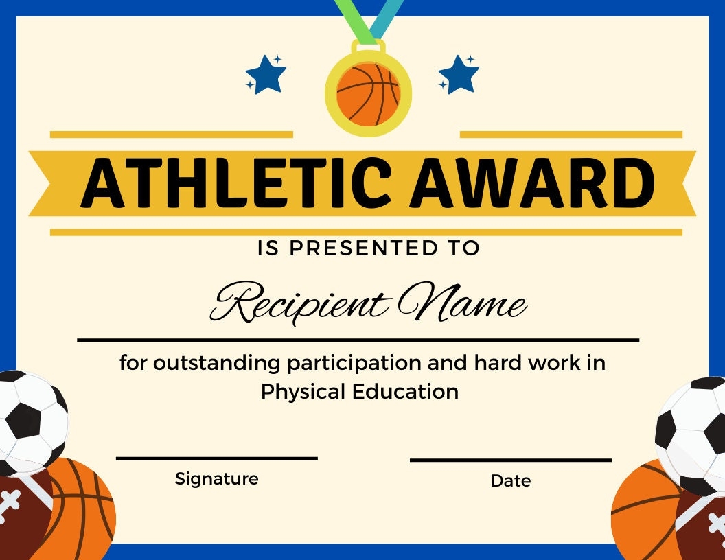 Athletic Award Physical Education Certificate Participation And Worksheets Library