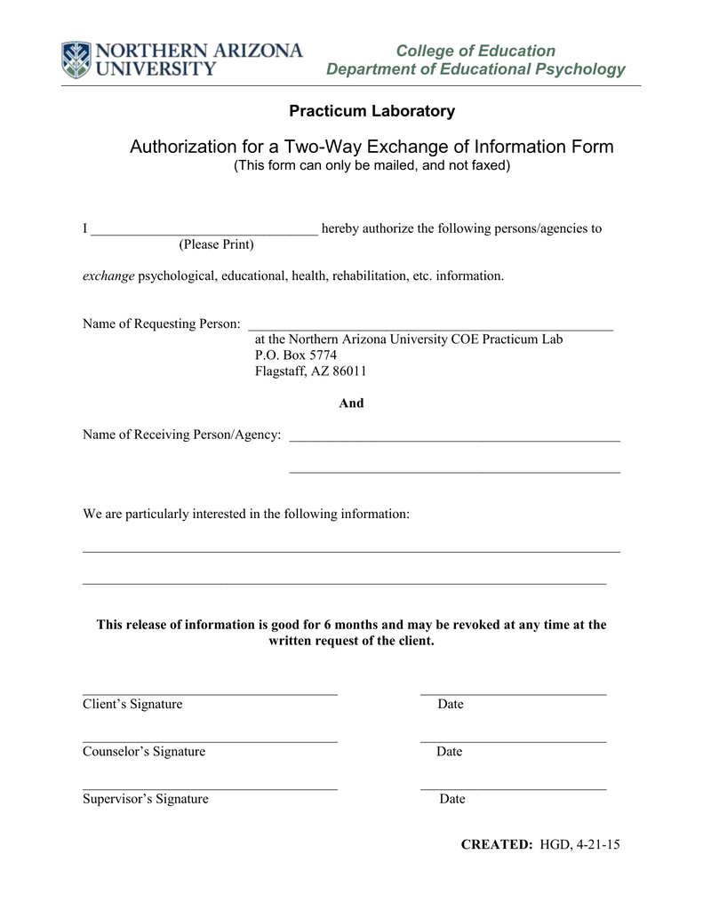 Authorization For A Two Way Exchange Of Information Form College Of Education