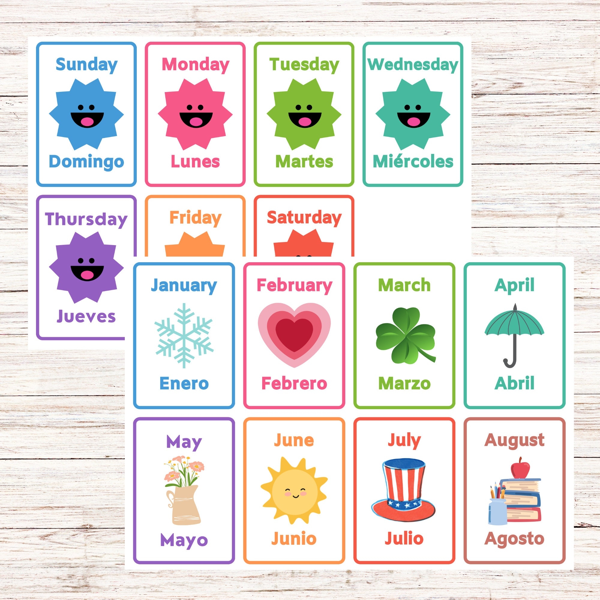 Bilingual Flashcards days Of The Week And Months Of The Year spanish And English Printable study Tools Kid s Review Educational Tool Etsy