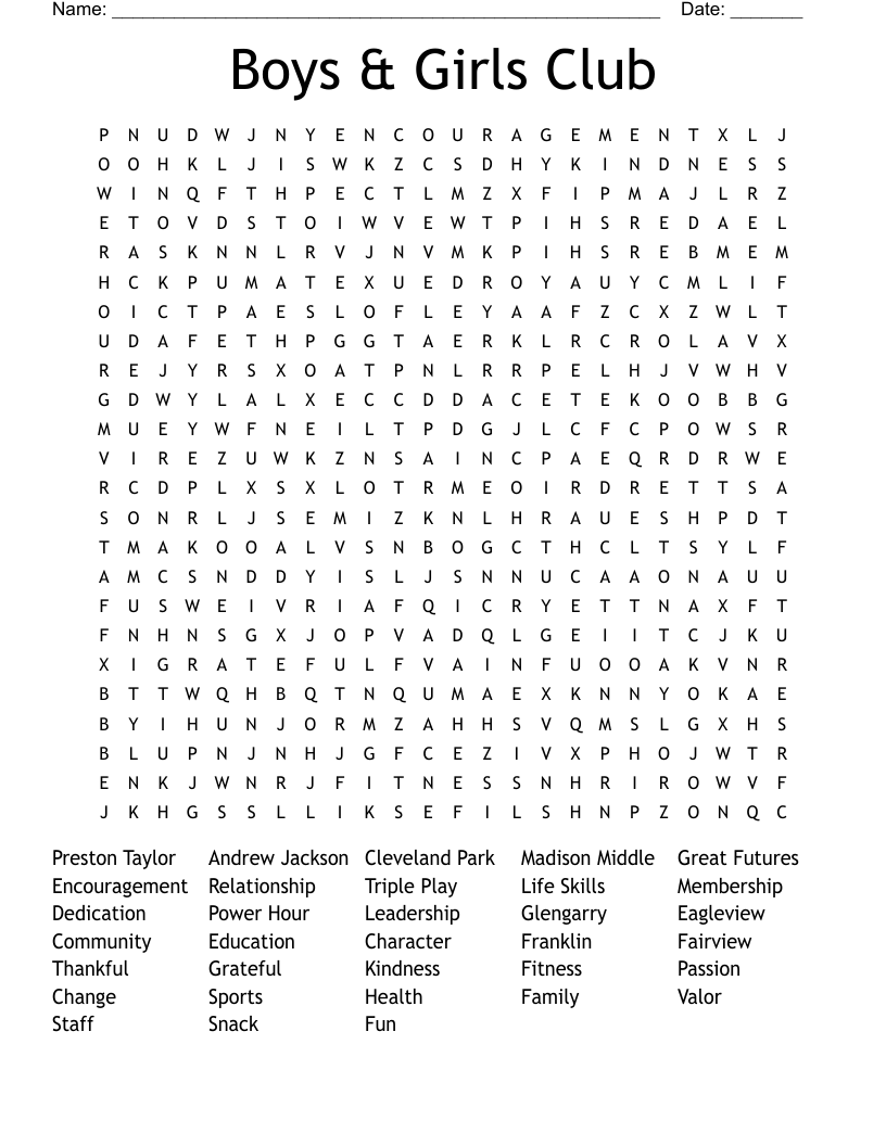 Boys Girls Club Word Search WordMint