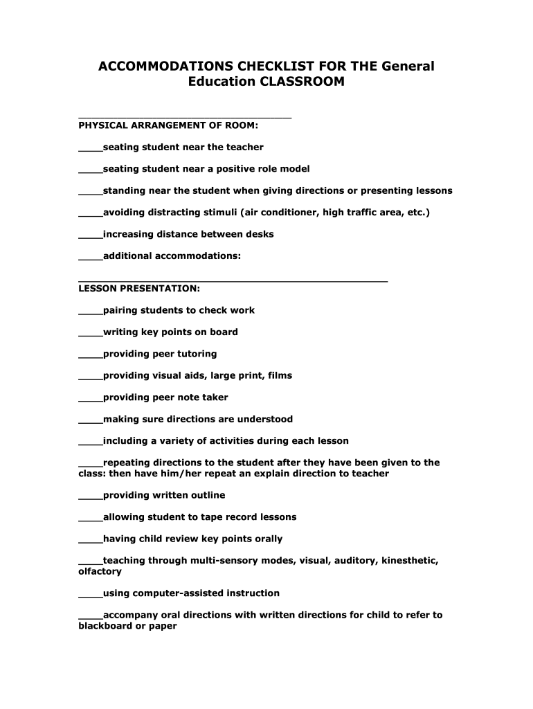 Classroom Accommodations Checklist Fill Online Printable Fillable Blank PdfFiller