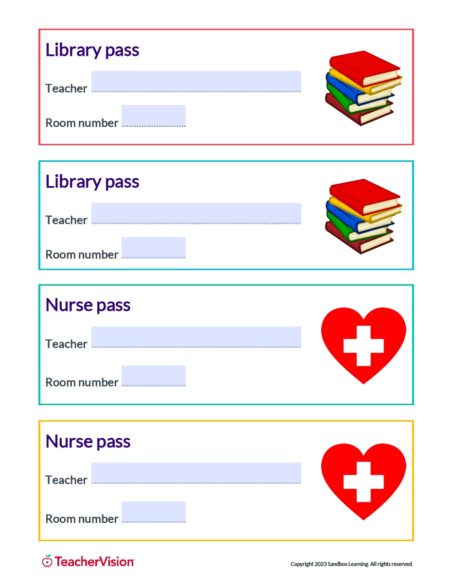 Classroom Passes And Notes TeacherVision