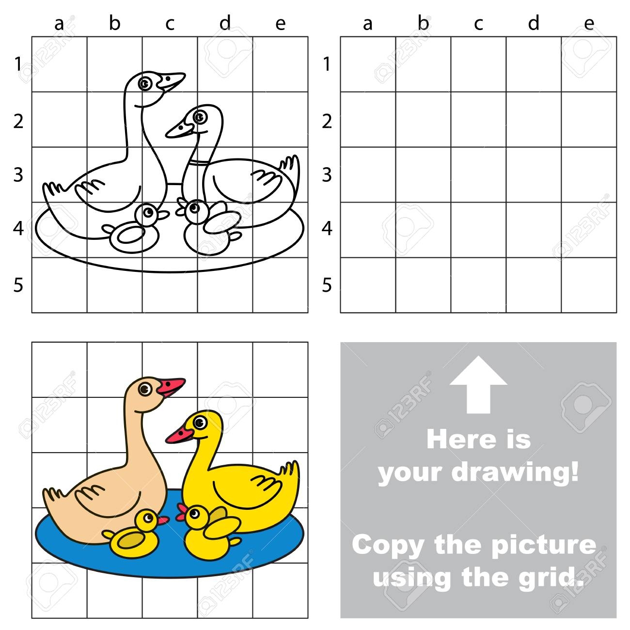Copy The Picture Using Grid Lines The Simple Educational Game For Preschool Children Education With Easy Gaming Level The Kid Drawing Game With Duck Family Mother Duck Goose Father And Small