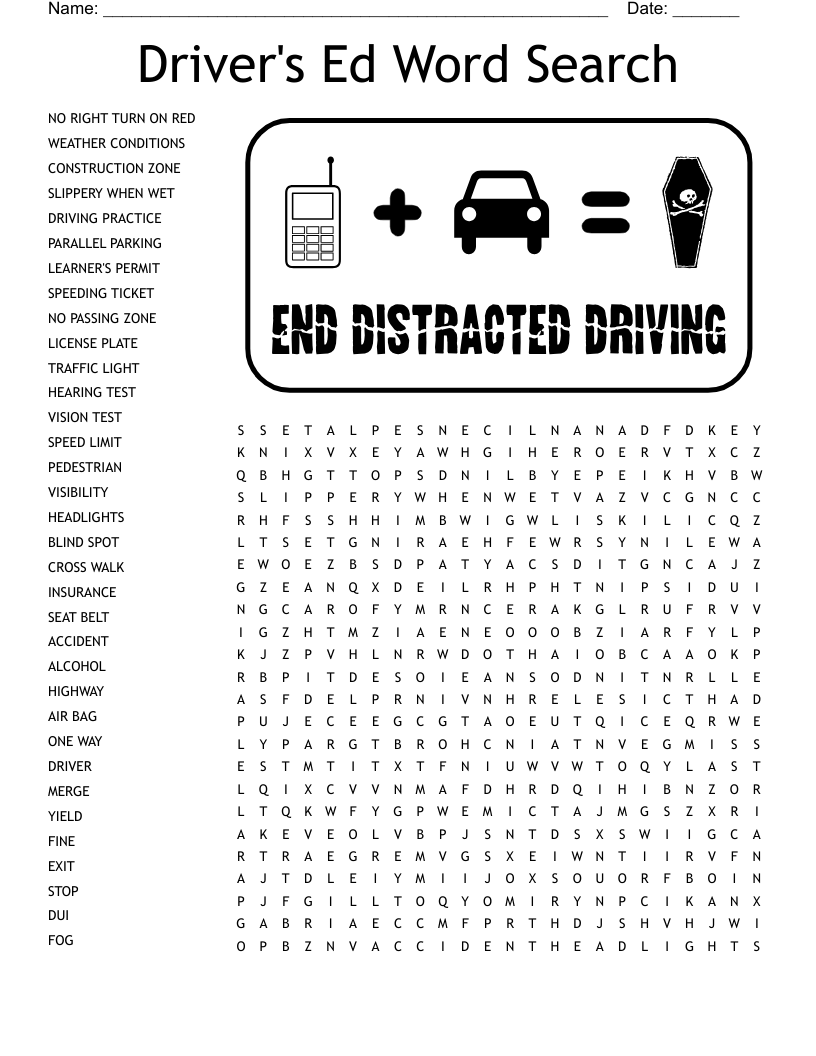 Driver s Ed Word Search WordMint
