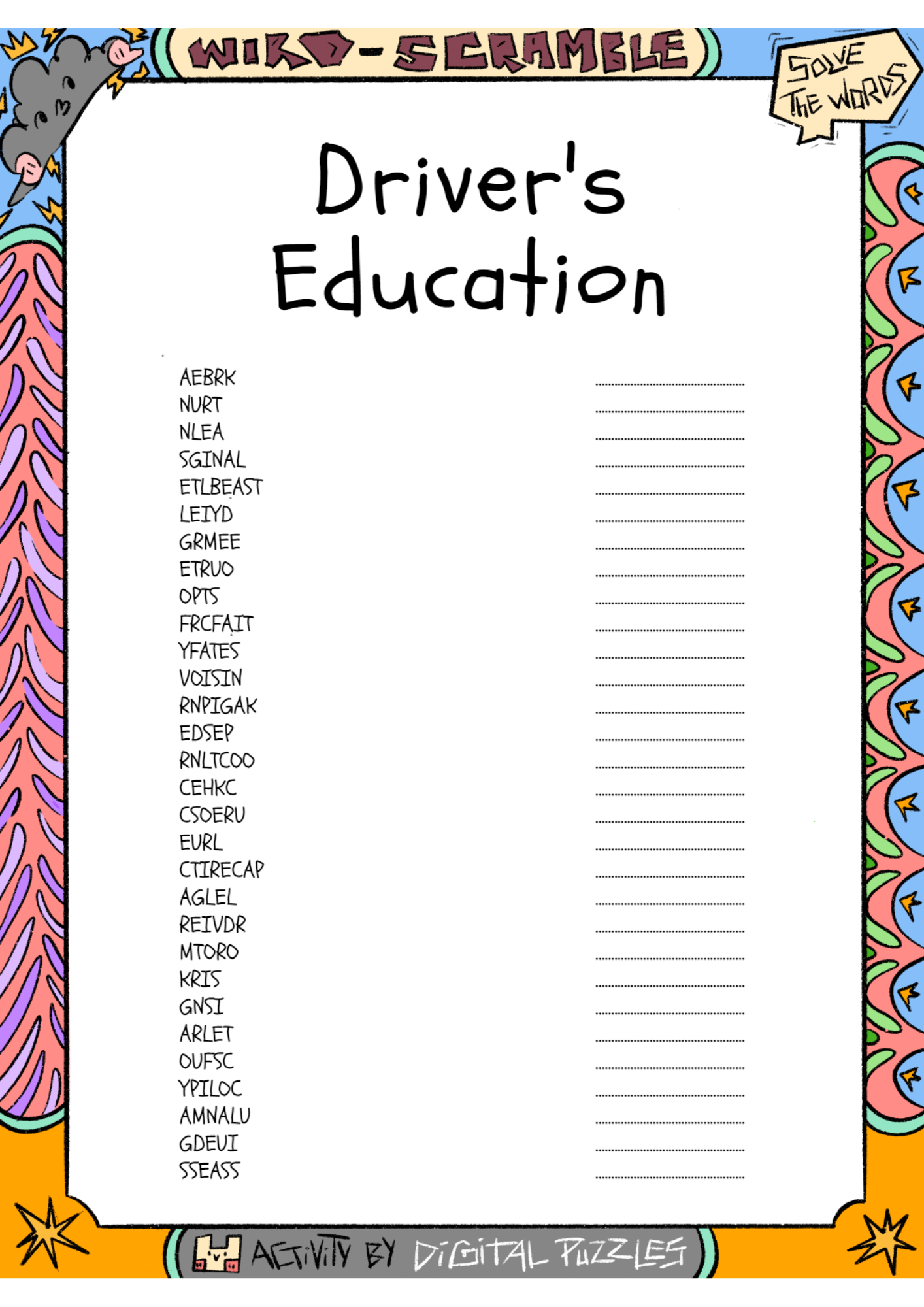 Driver s Education Word Scramble Puzzle Worksheet Activity Made By Teachers