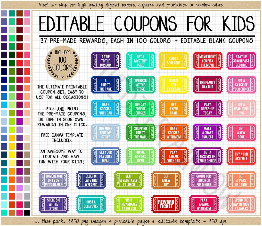 EDITABLE REWARD COUPONS Clipart Printable Reward Tickets Rainbow Blank Coupons Kids Activity Diy Coupon Book Homeschool Printable Teacher Etsy