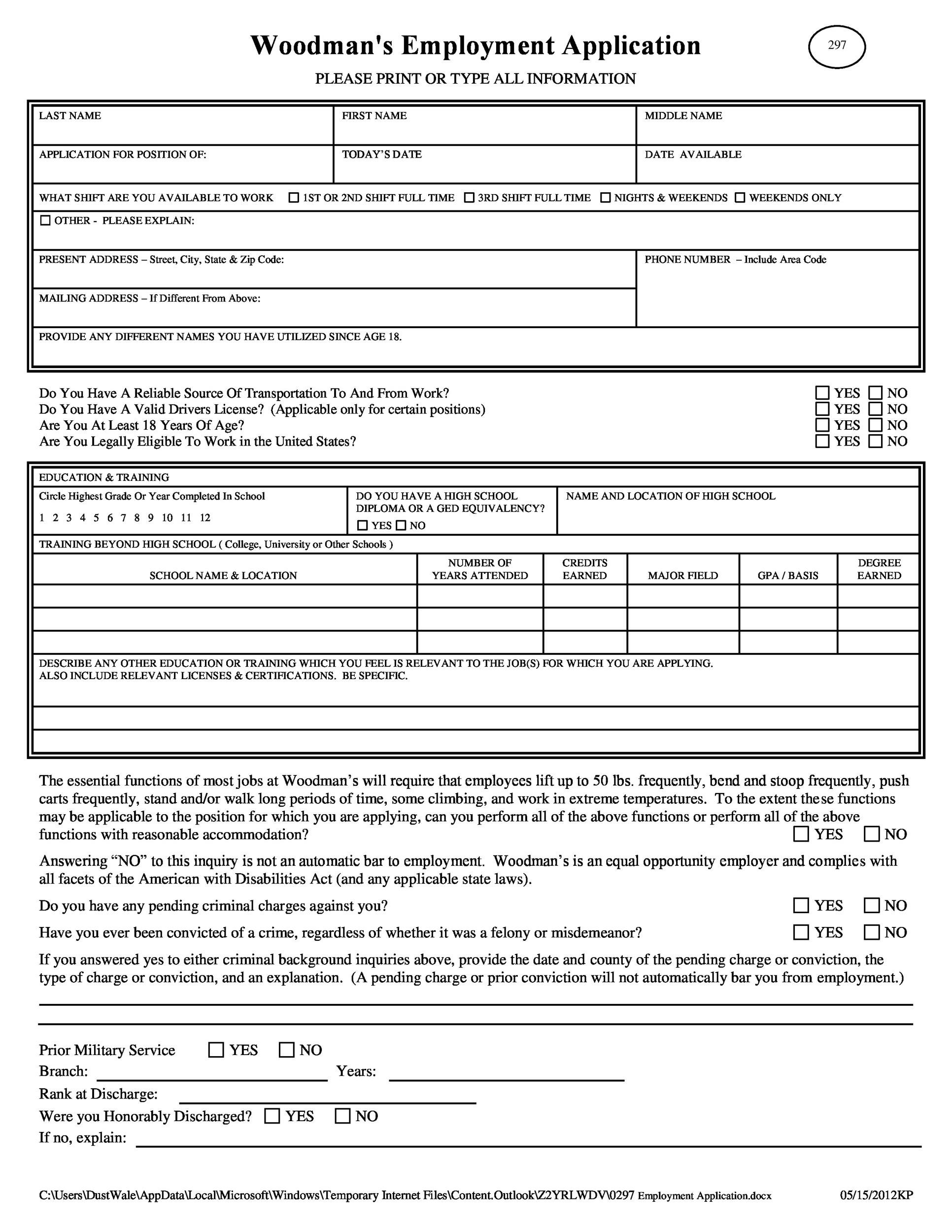 Employment Application Forms Free Printable Printable Party Favors