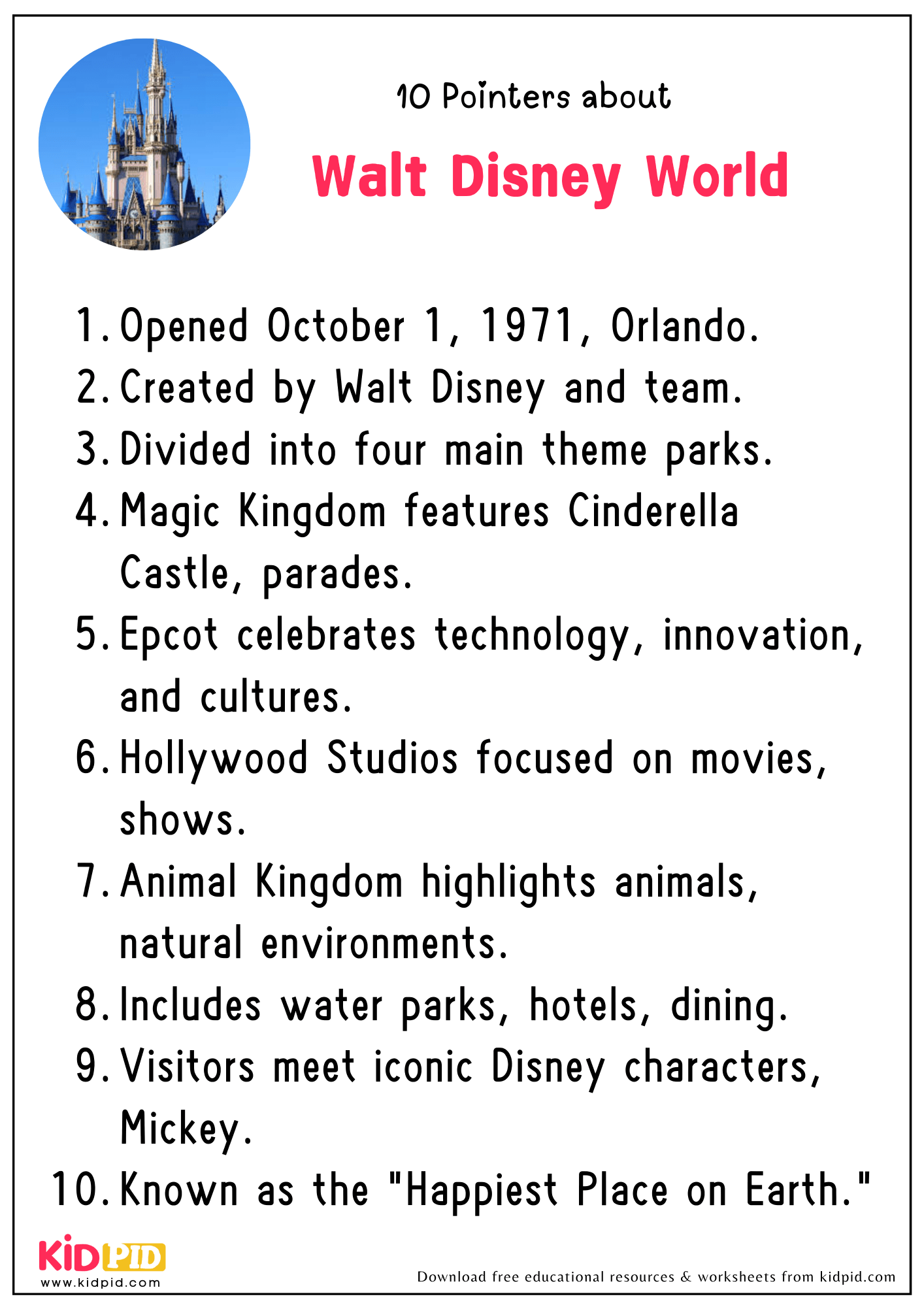 Printable Educational Disney World Points