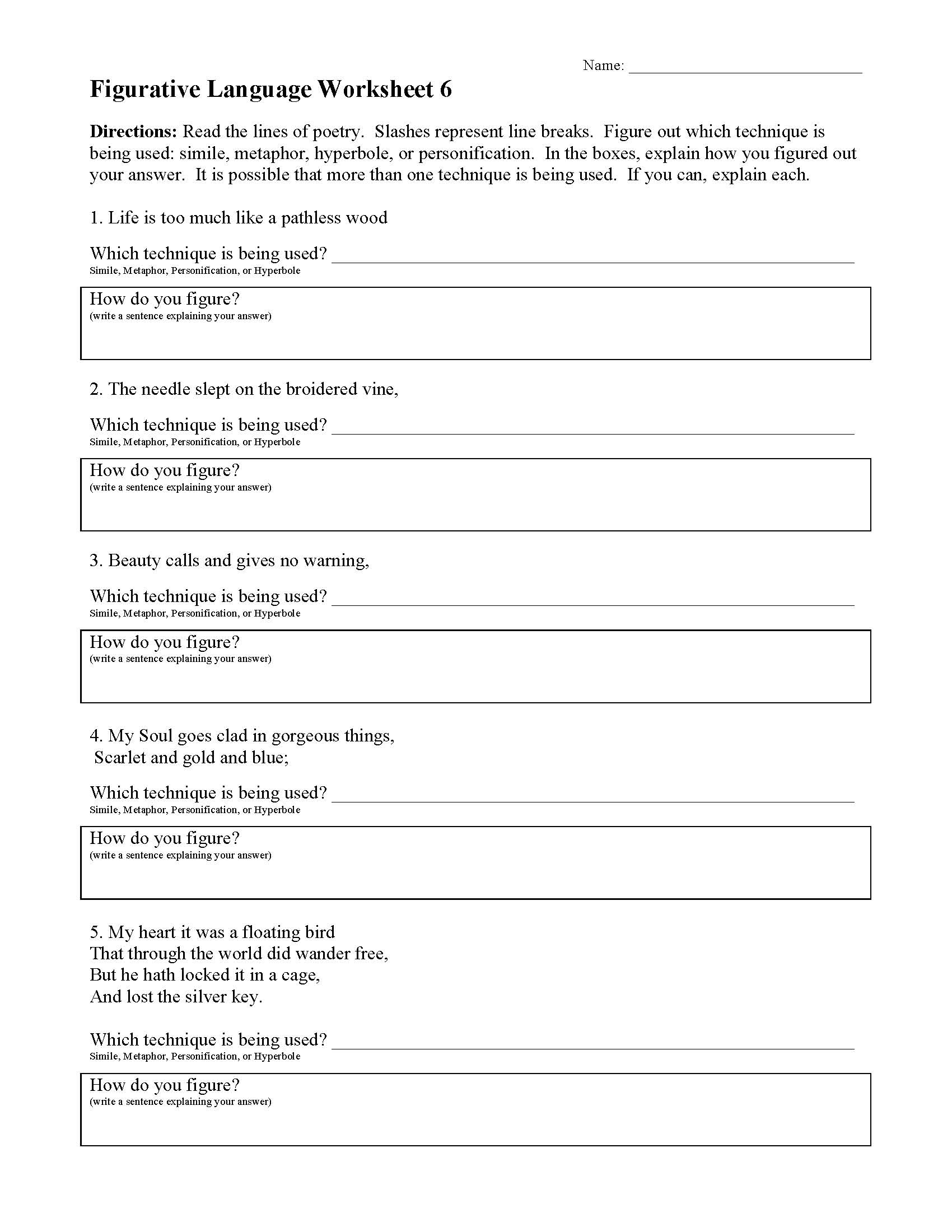 Figurative Language Worksheet 6 Reading Activity