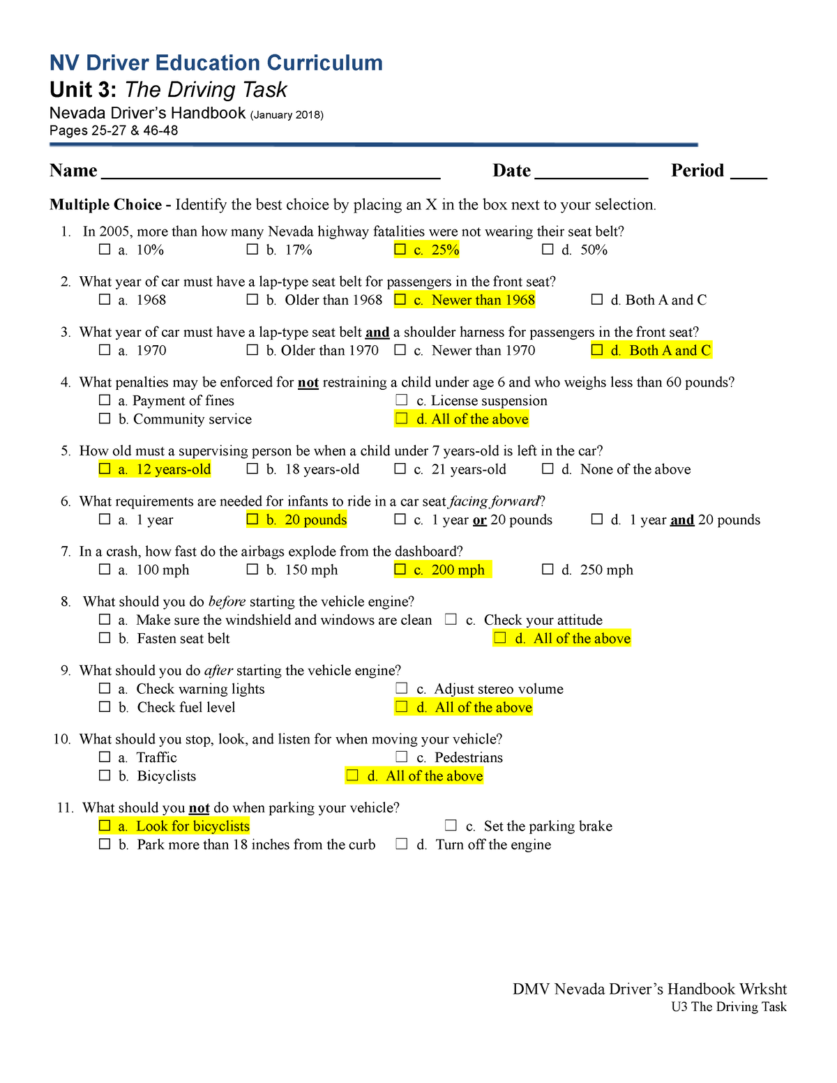 Free Printable Driver'S Education High School Drivers Ed Worksheets