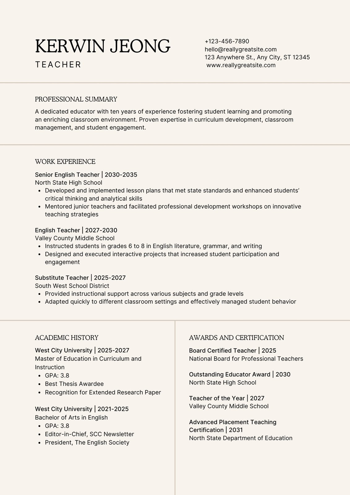 Free Editable Teacher Resume Templates Canva