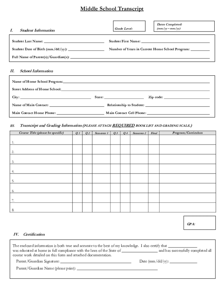 Homeschool Middle School Transcript Fill Online Printable Fillable Blank PdfFiller