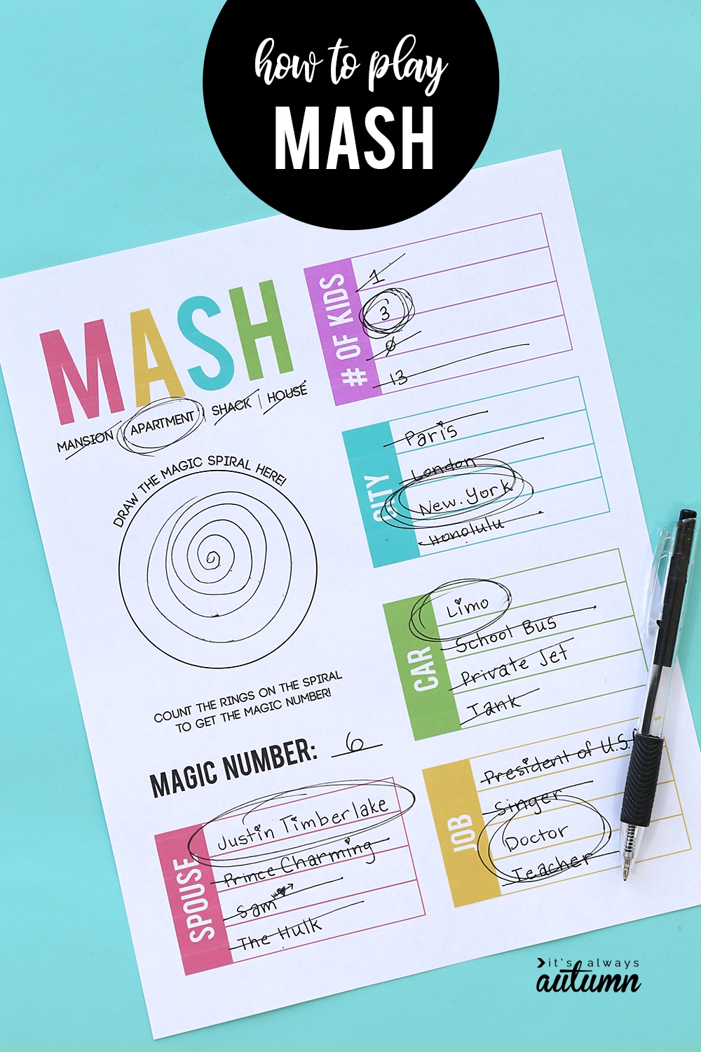 How To Play MASH Printable Worksheet It s Always Autumn