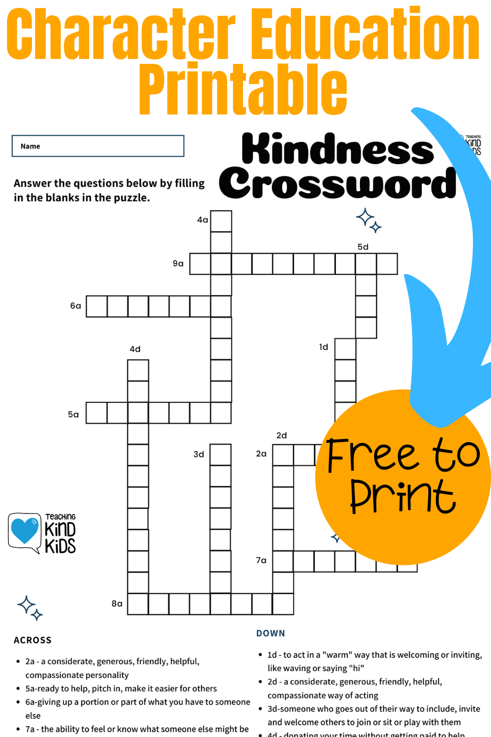Printable Character Education Crossword Puzzle