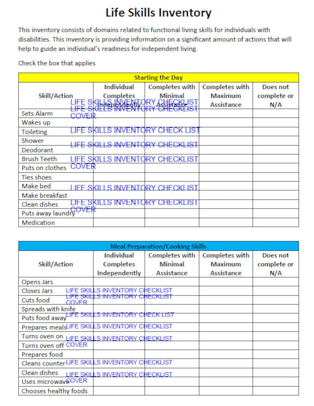 Life Skill Inventory Checklist Life Skills Assessment Transition Assessment Etsy
