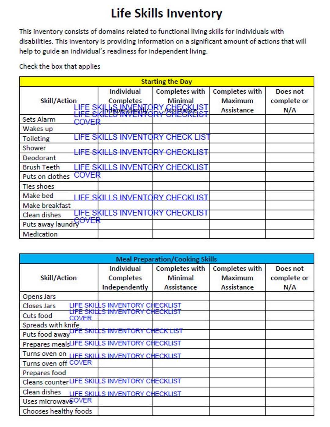 Life Skill Inventory Checklist Life Skills Assessment Transition Assessment Etsy