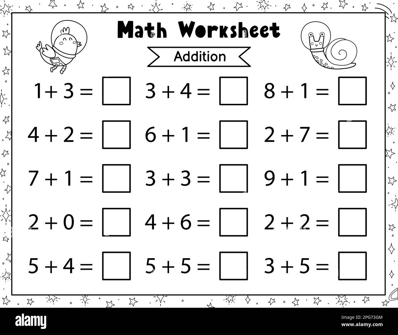 Math Worksheet For Kids Addition And Subtraction Space Black And White Mathematic Activity Page Stock Vector Image Art Alamy