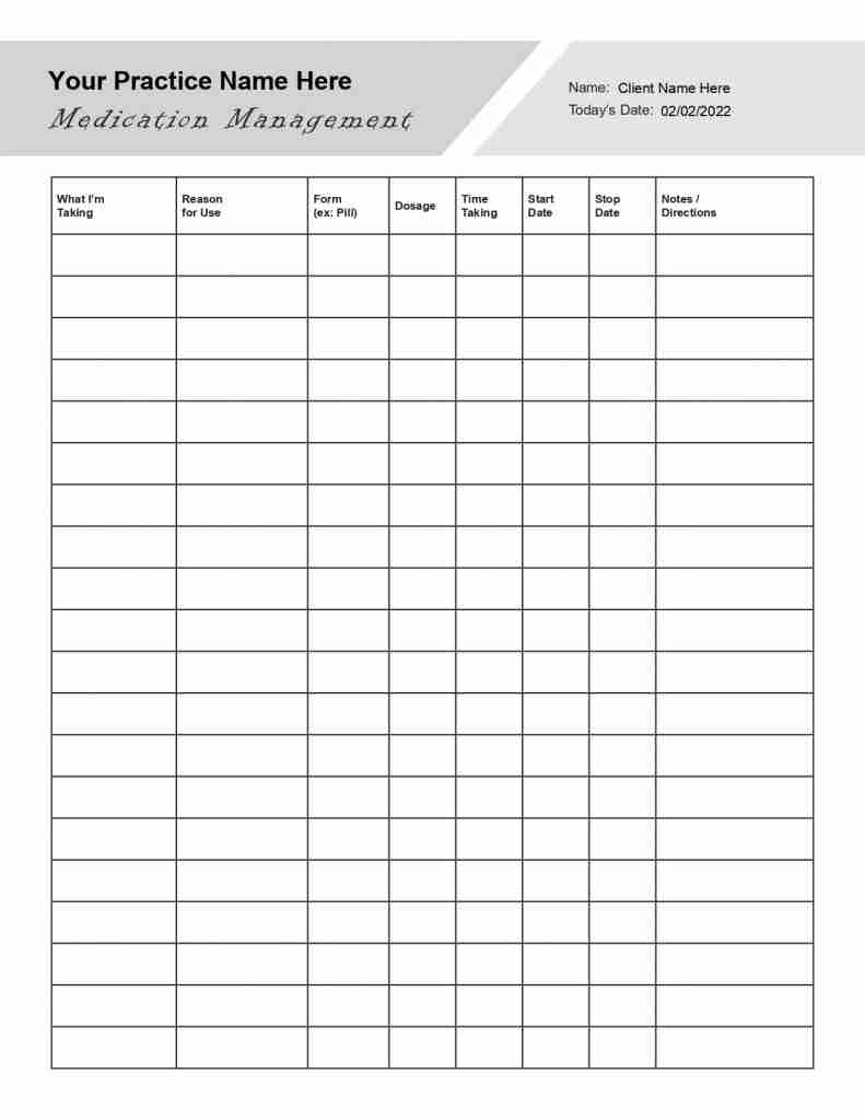 Medication Management Worksheet Editable Fillable Printable PDF TherapyPatron
