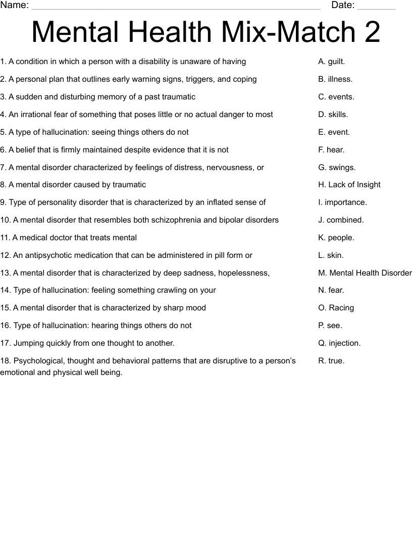 Mental Health Mix Match 2 Worksheet WordMint