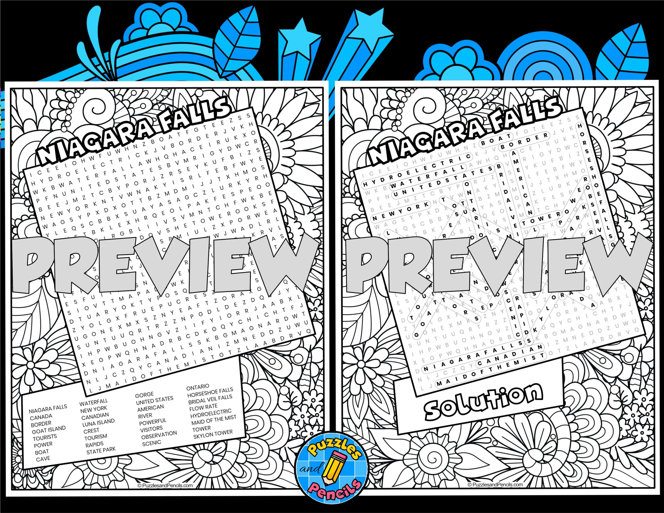 Niagara Falls Word Search Puzzle With Colouring US Tourist Attractions Wordsearch Teaching Resources