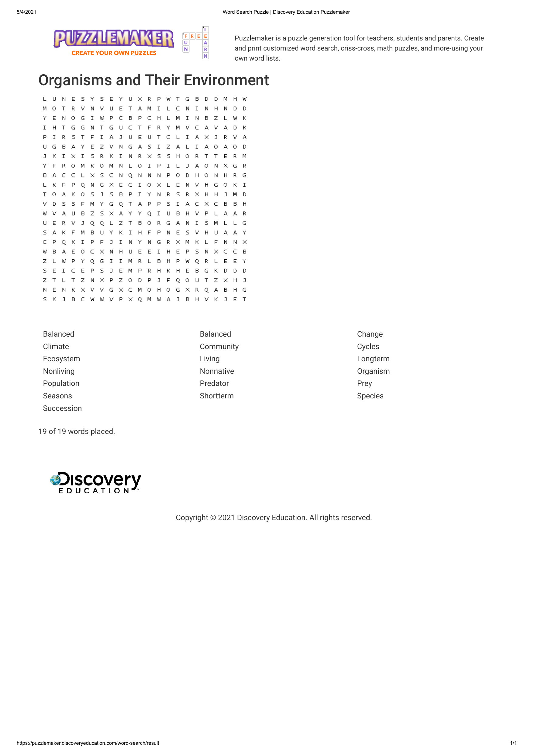 Organisms Environment Word Search Puzzle Ecology Vocabulary