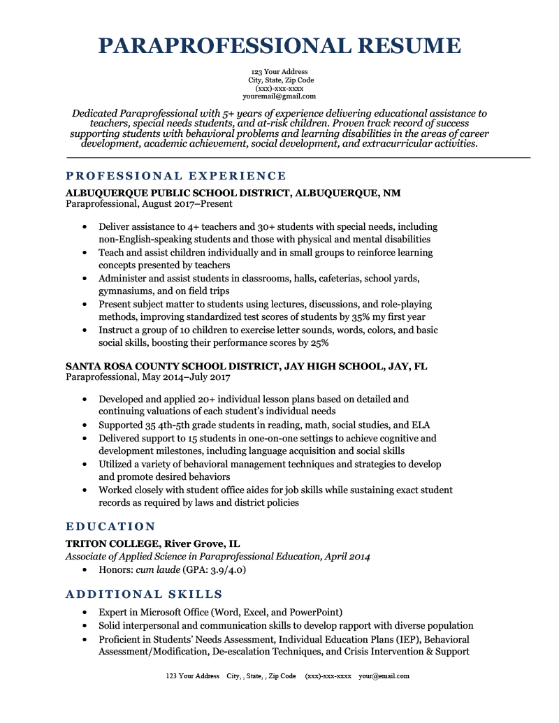 Paraprofessional Resume Sample Writing Tips 