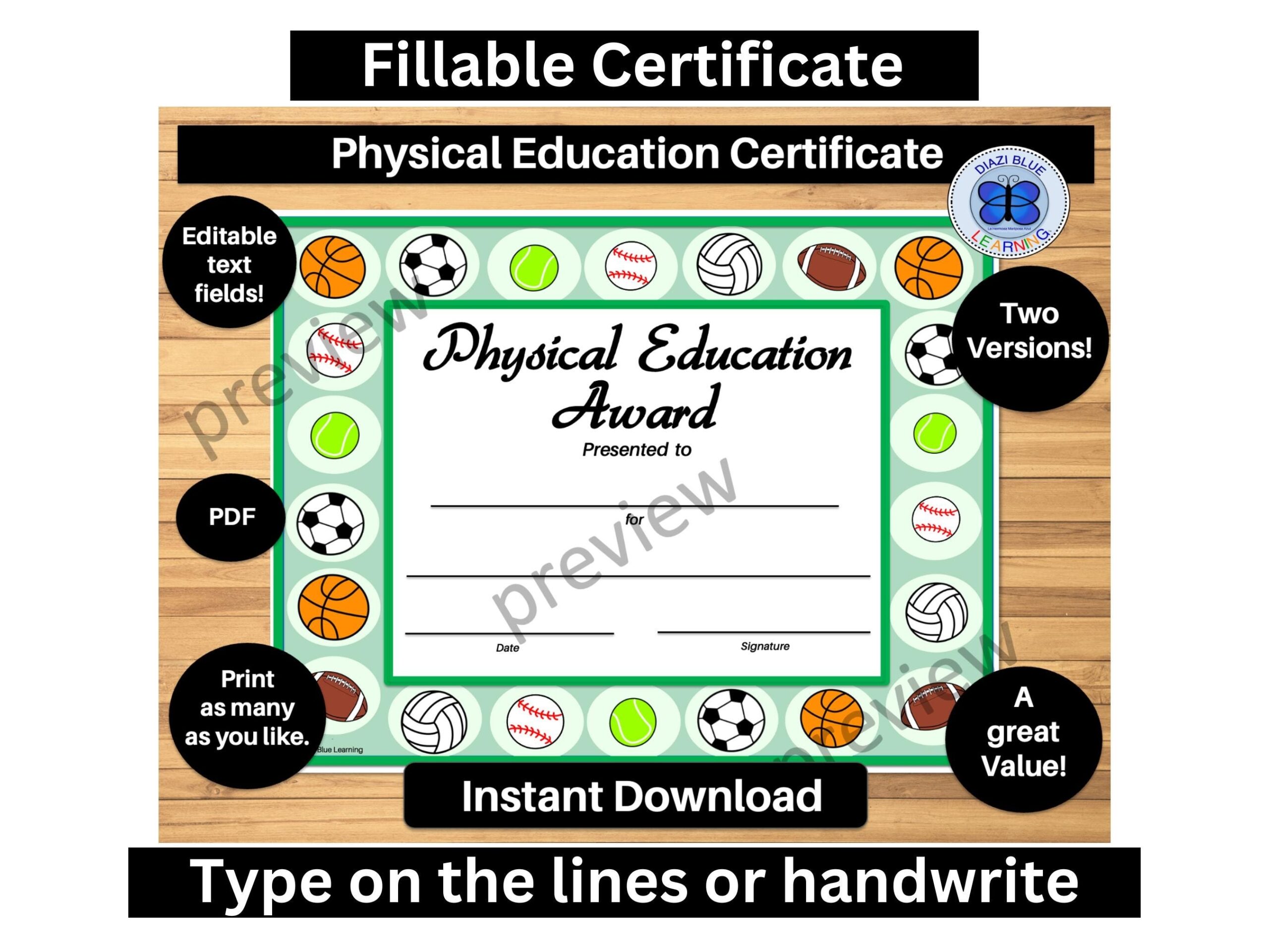 Physical Education Certificate Editable PE Certificate Editable PE Awards Gym PDF Certificates Gym Awards Instant Download Etsy