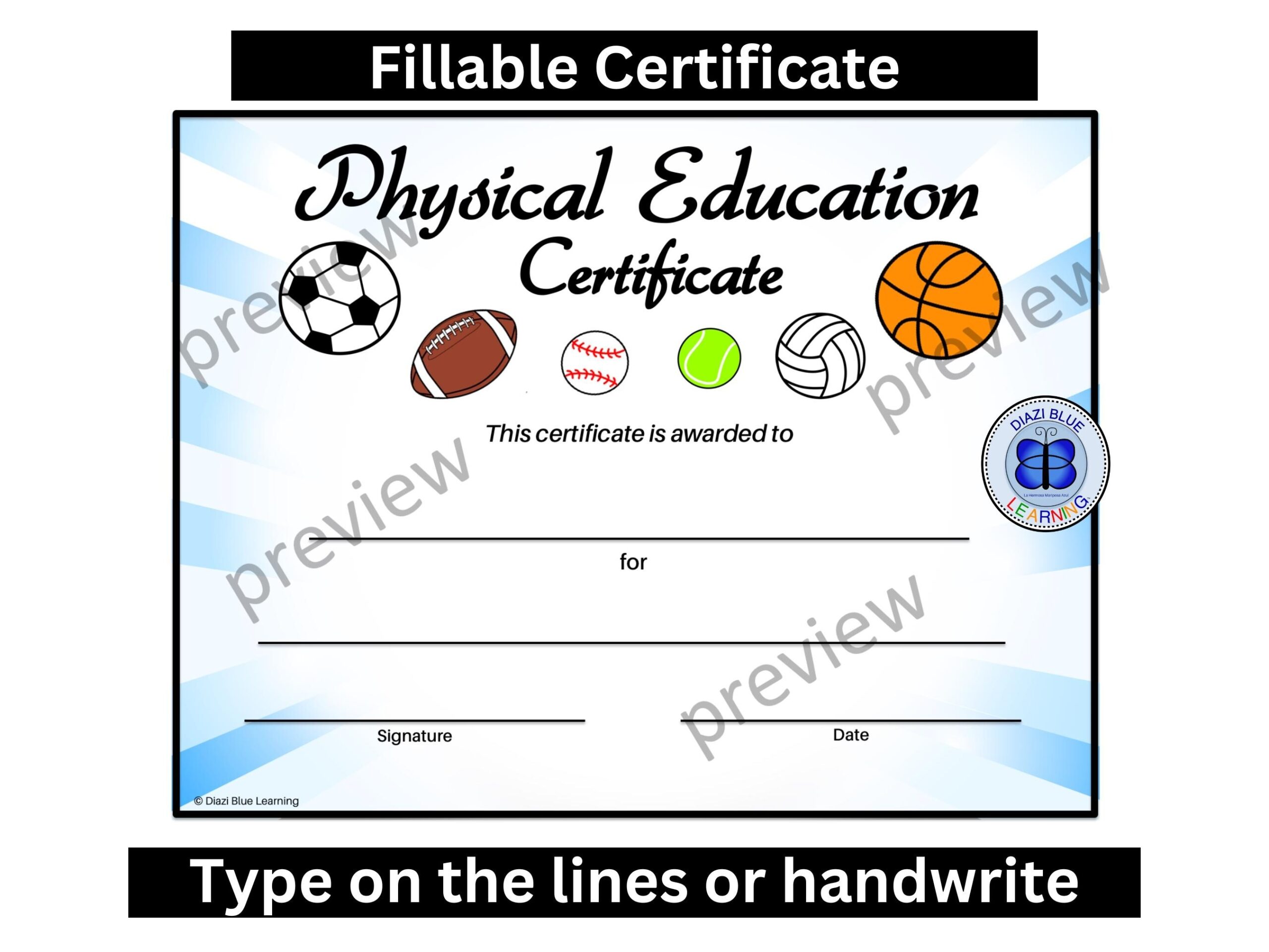 Physical Education Certificate PE Certificate Editable PE Certificate End Of Year Certificates Template Certificates Etsy