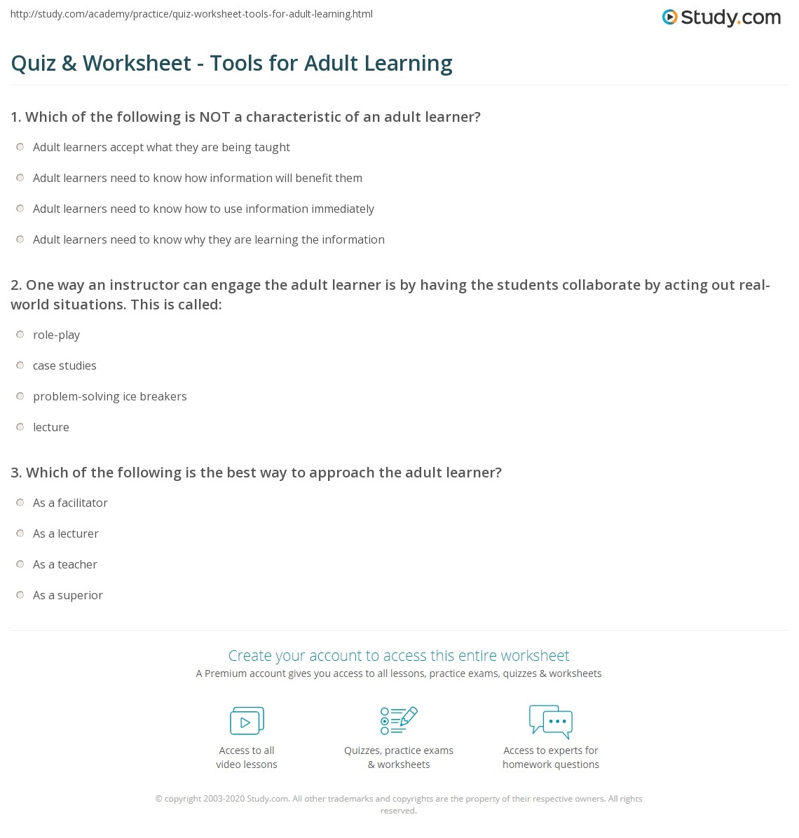 Quiz Worksheet Tools For Adult Learning Study Worksheets Library