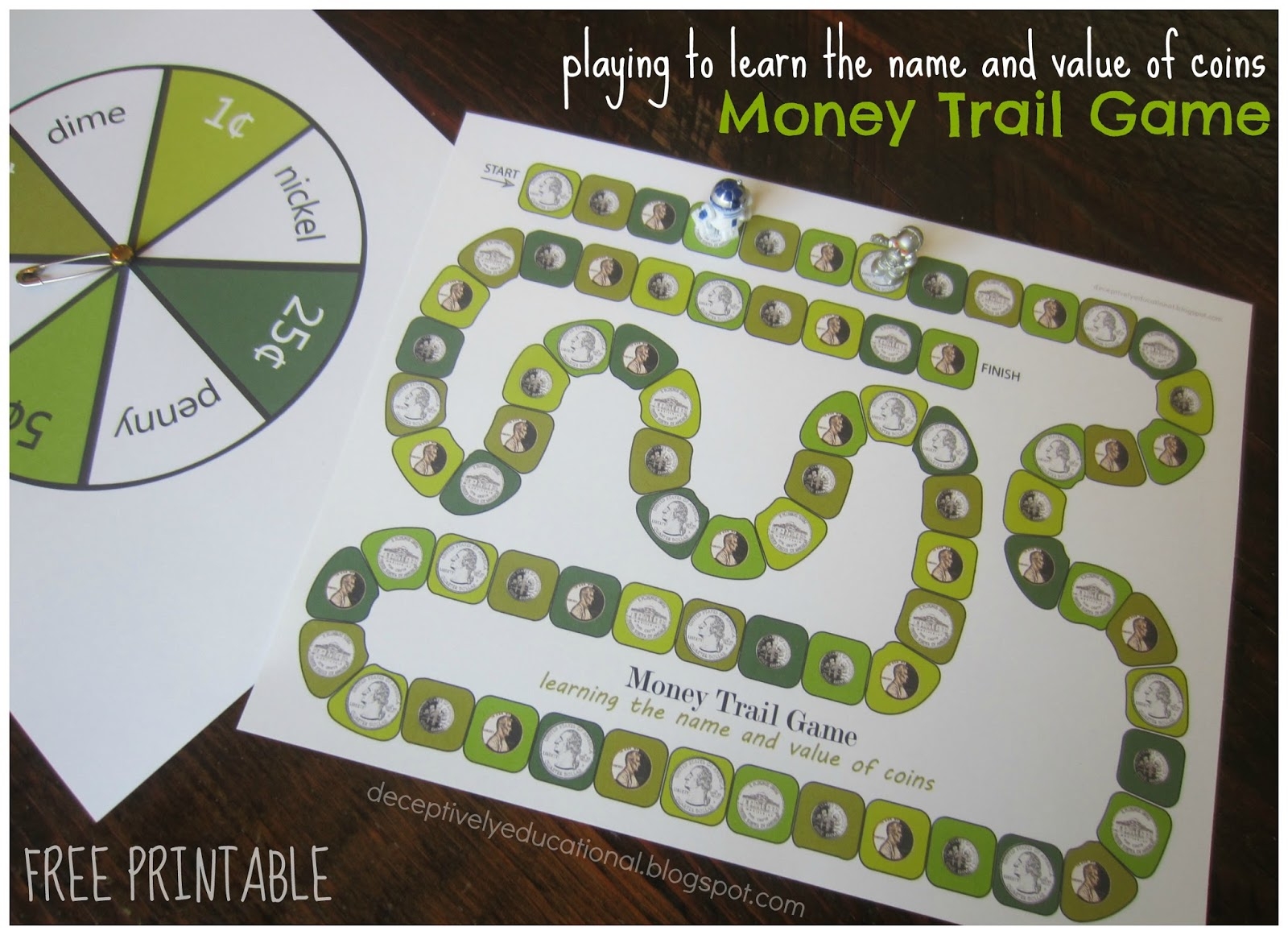 Relentlessly Fun Deceptively Educational Money Trail Board Game free Printable To Teach Coin Names values 