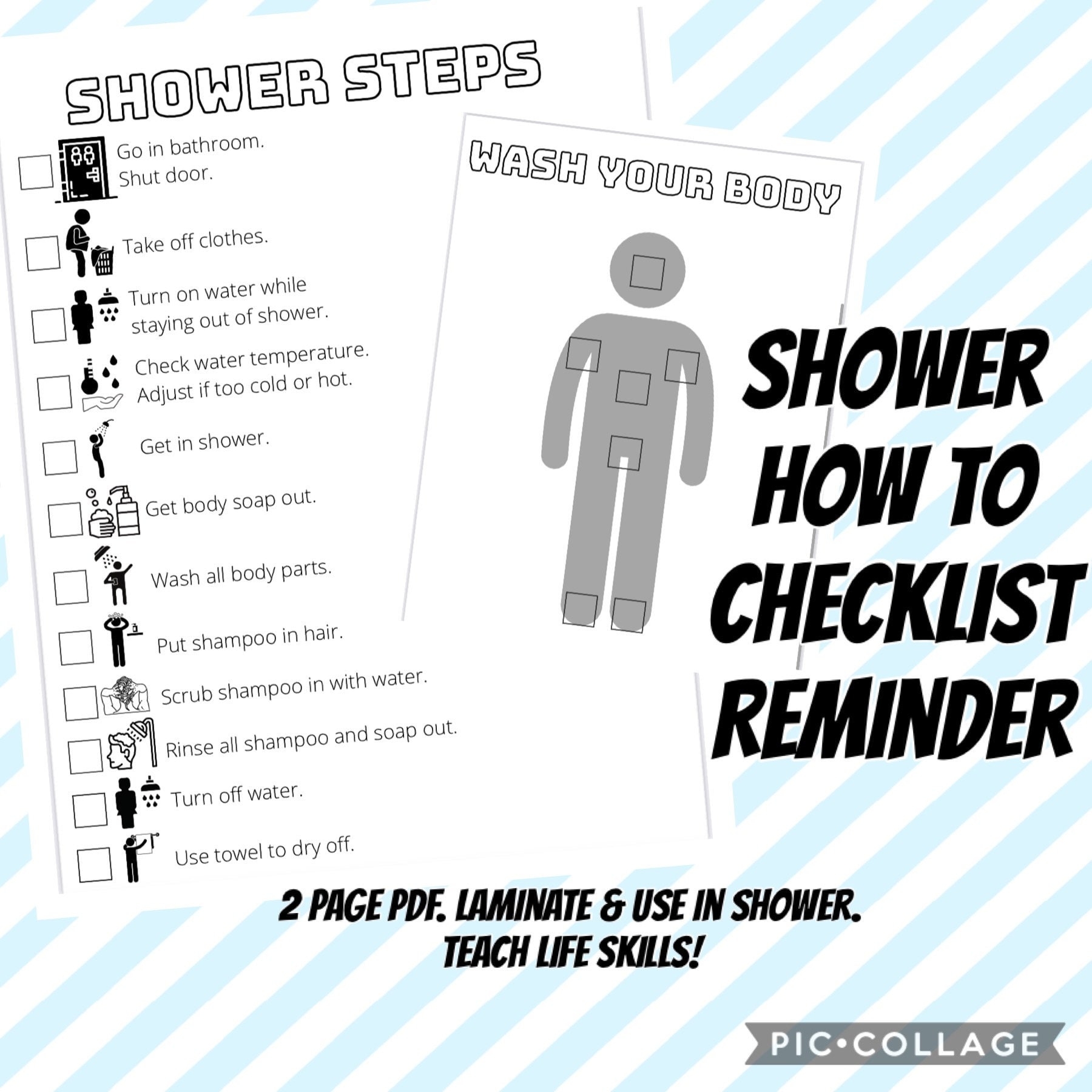 Shower Steps Life Skills Visual Teaching Aid Special Needs OT Autism How To Chart Checklist Bathroom Reminders Etsy
