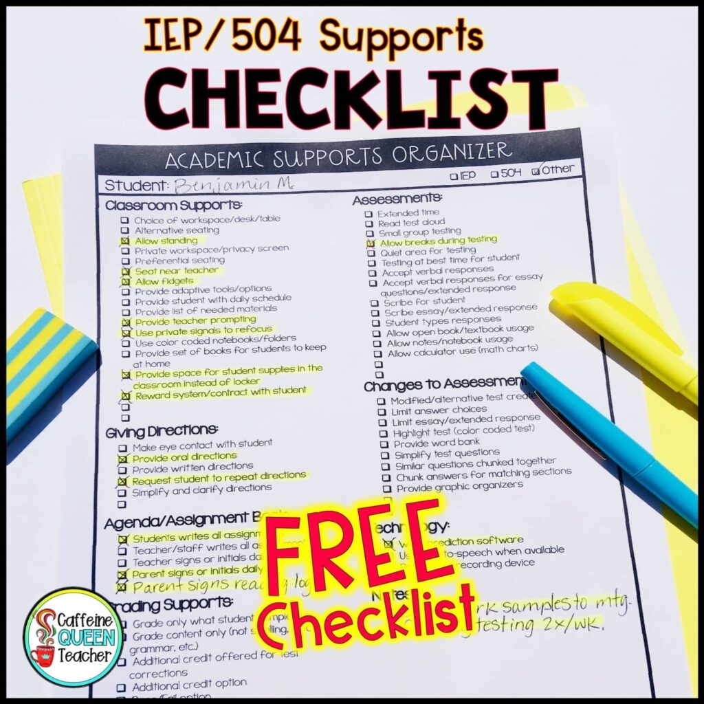 Special Education Accommodation IEP Checklist For Teachers Caffeine Queen Teacher