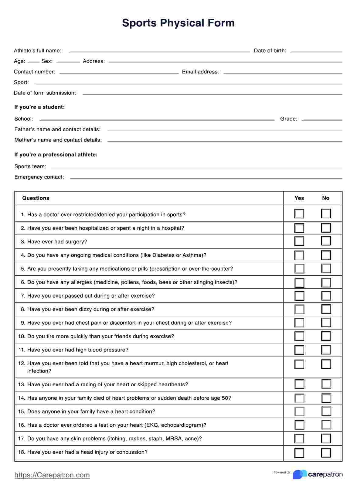 Sports Physical Form Example Free PDF Download