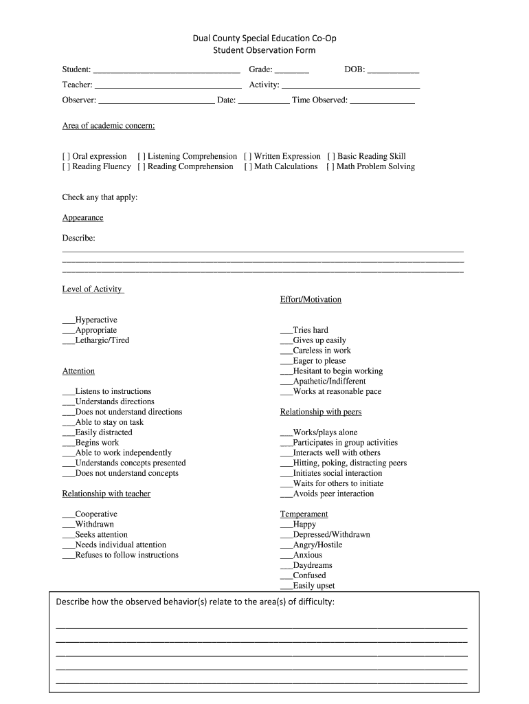 Student Observation Form Special Education Fill Out Sign Online DocHub