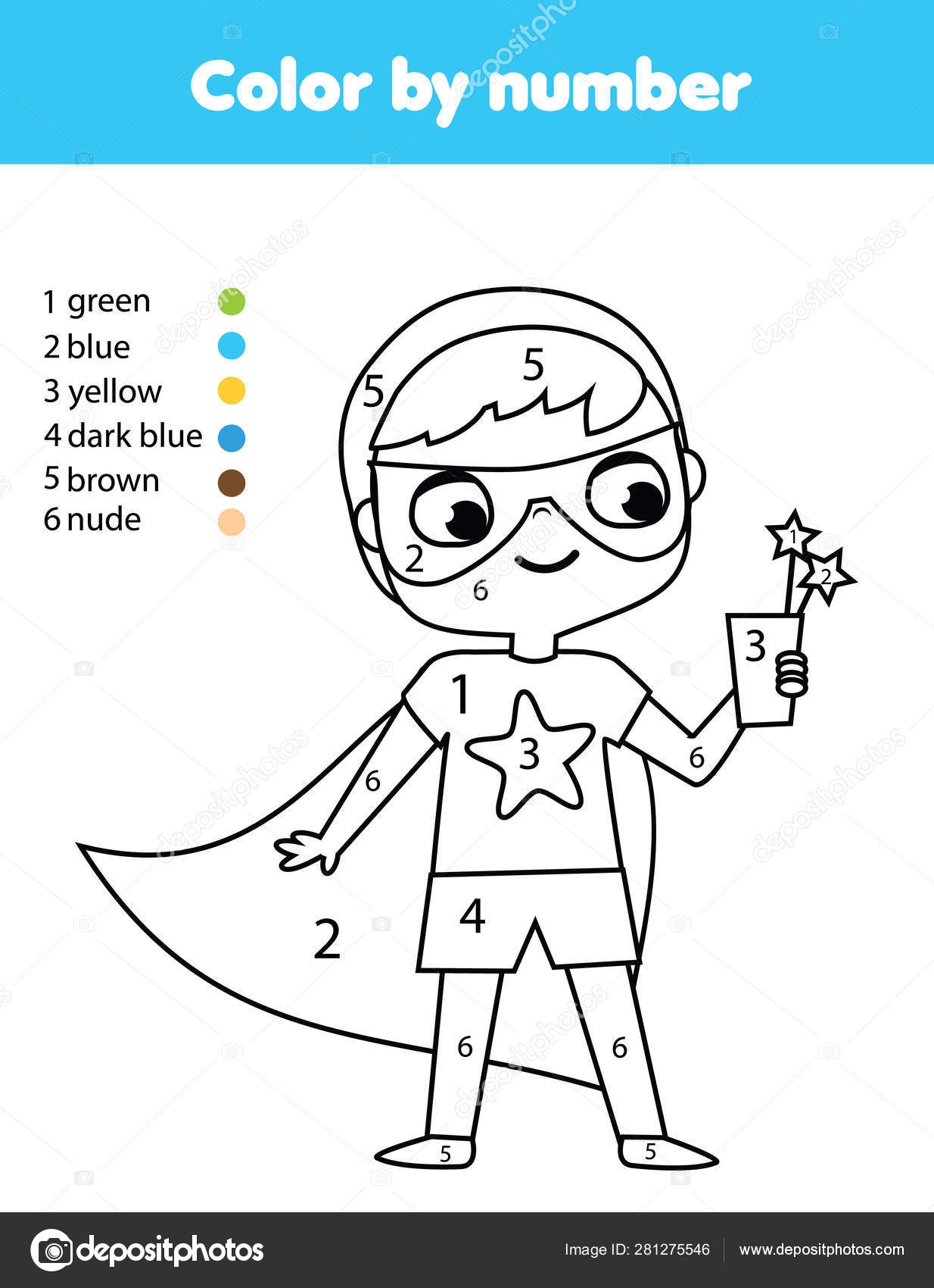 Superkid Boy In Superhero Costume Coloring Page For Kids Educational Children Game Color By Numbers Activity Stock Vector By ksuklein 281275546