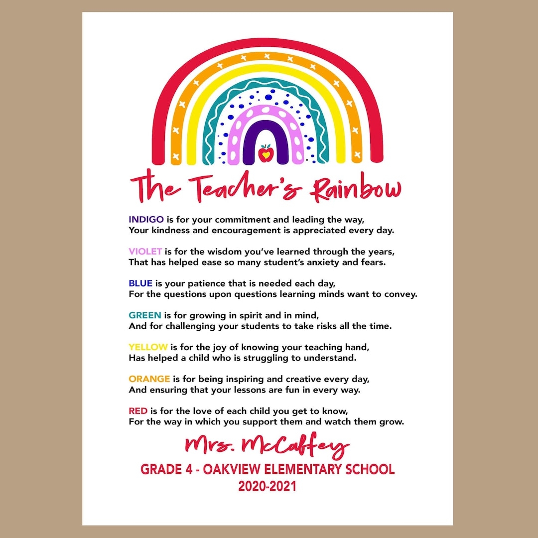 Teacher Rainbow Poem Teacher Appreciation Gift Sign Printable Teacher Poem Printable Elementary Teacher Print Preschool Teacher Gift Etsy