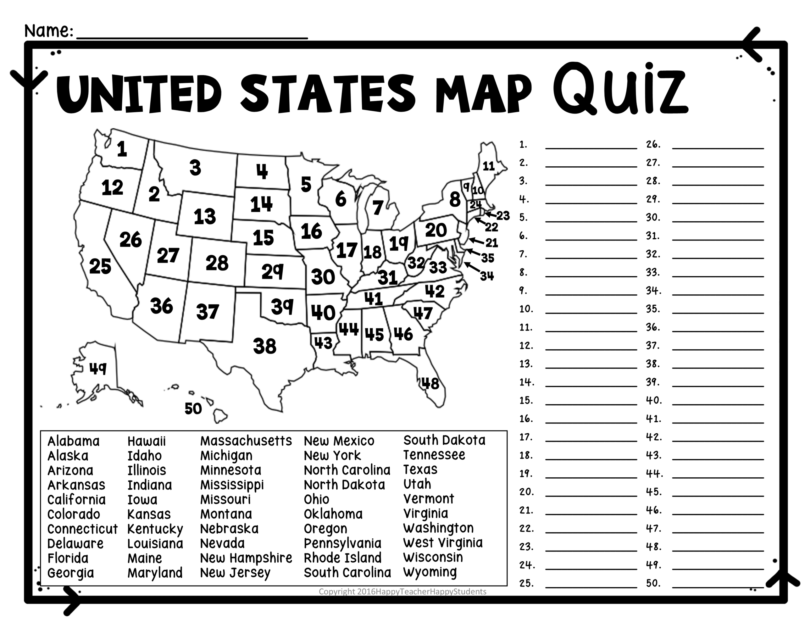 United States Map Quiz Worksheet USA Map Test W Practice Sheet US Map Quiz Made By Teachers