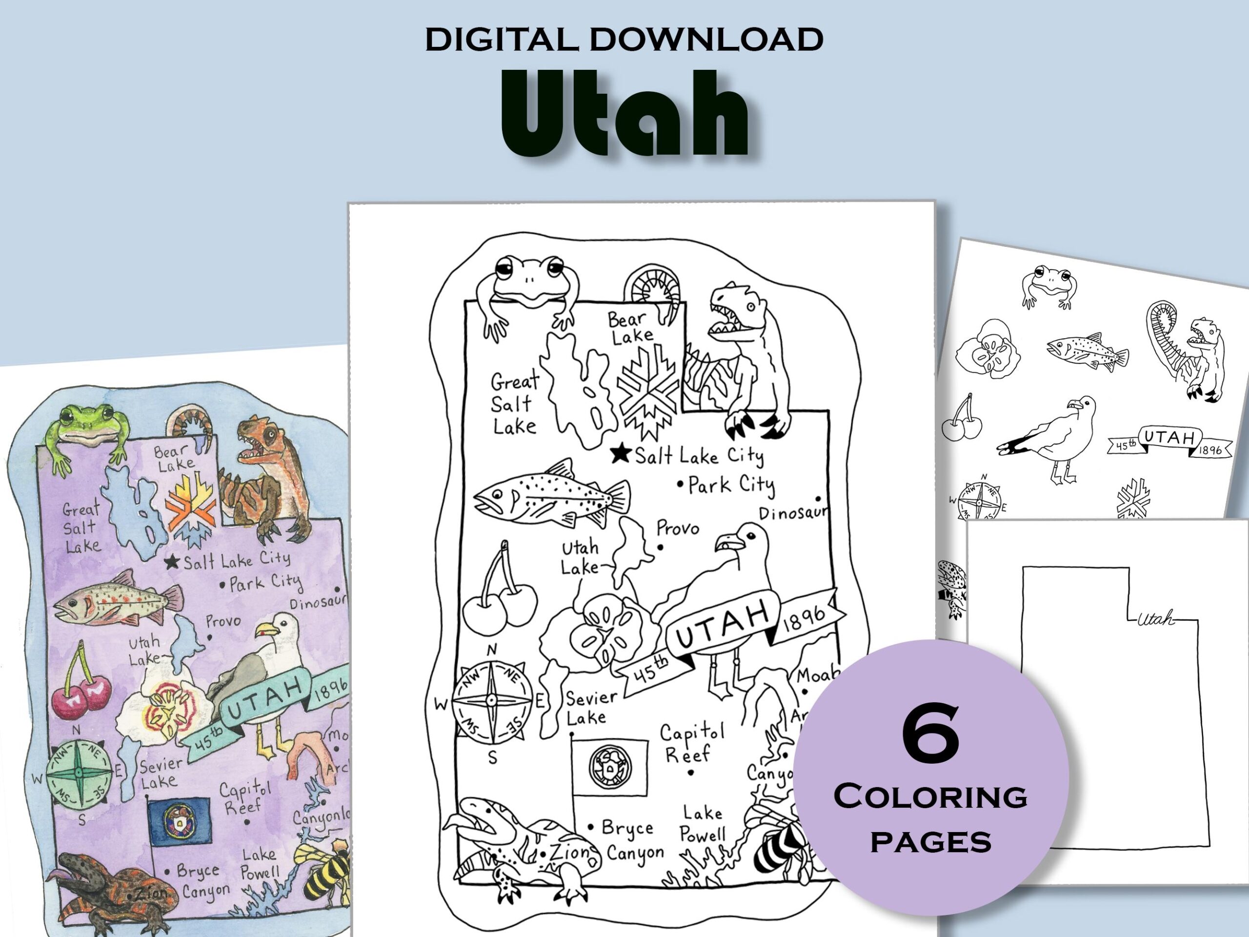 Utah Coloring Page Printable State Map Worksheet Travel Poster Print Education Sheet USA Geography Kids Activity Book Etsy